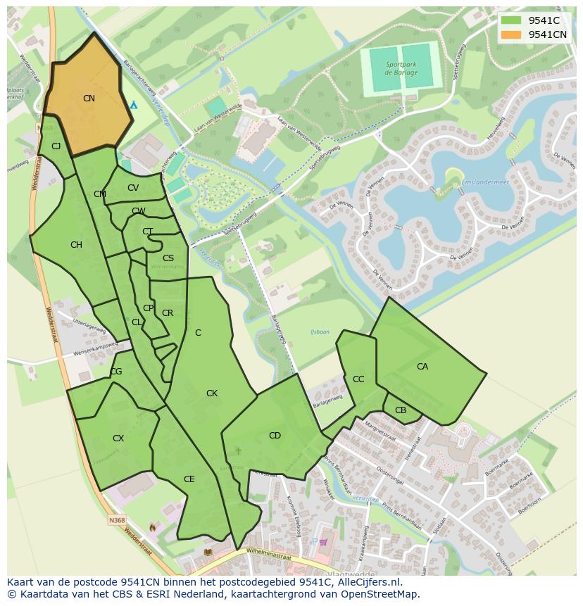 Afbeelding van het postcodegebied 9541 CN op de kaart.