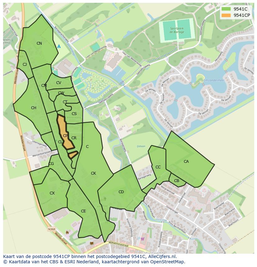 Afbeelding van het postcodegebied 9541 CP op de kaart.