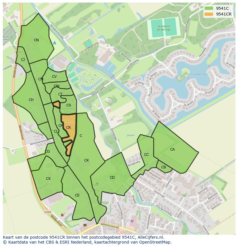 Afbeelding van het postcodegebied 9541 CR op de kaart.