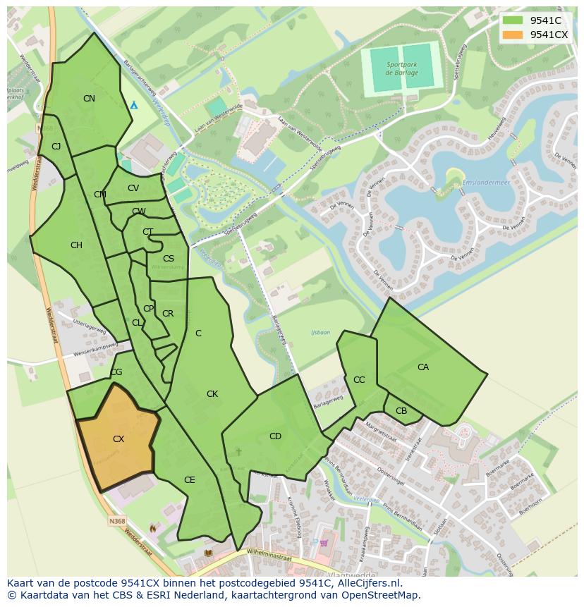 Afbeelding van het postcodegebied 9541 CX op de kaart.