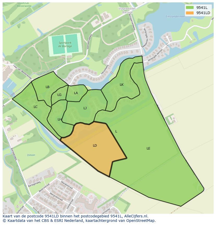 Afbeelding van het postcodegebied 9541 LD op de kaart.