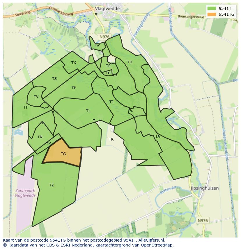 Afbeelding van het postcodegebied 9541 TG op de kaart.