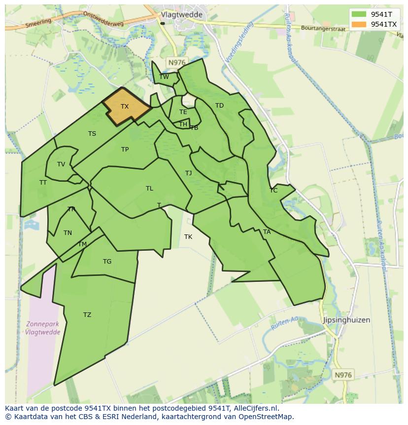 Afbeelding van het postcodegebied 9541 TX op de kaart.