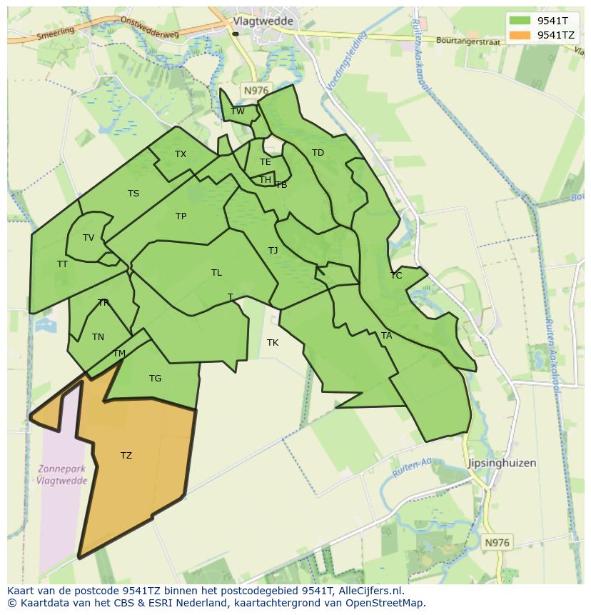 Afbeelding van het postcodegebied 9541 TZ op de kaart.
