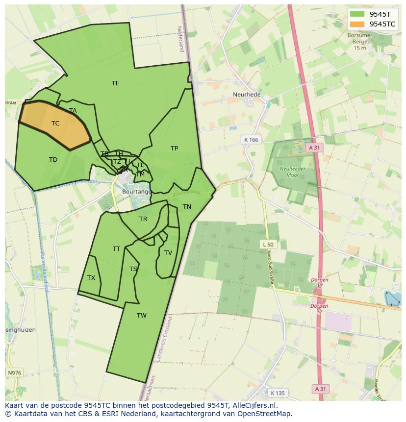 Afbeelding van het postcodegebied 9545 TC op de kaart.