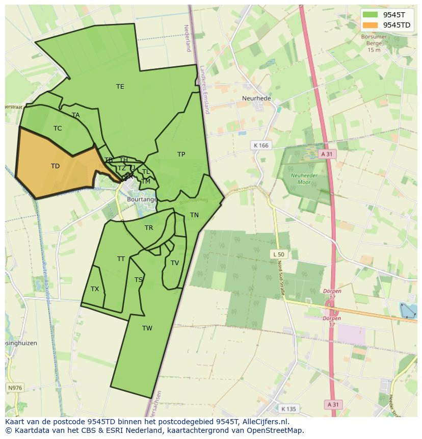 Afbeelding van het postcodegebied 9545 TD op de kaart.