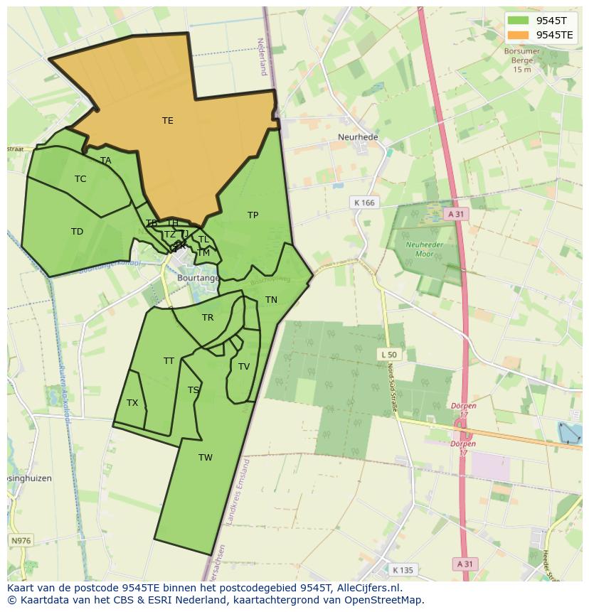 Afbeelding van het postcodegebied 9545 TE op de kaart.