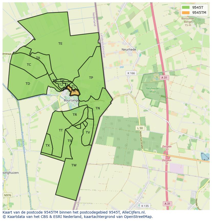Afbeelding van het postcodegebied 9545 TM op de kaart.