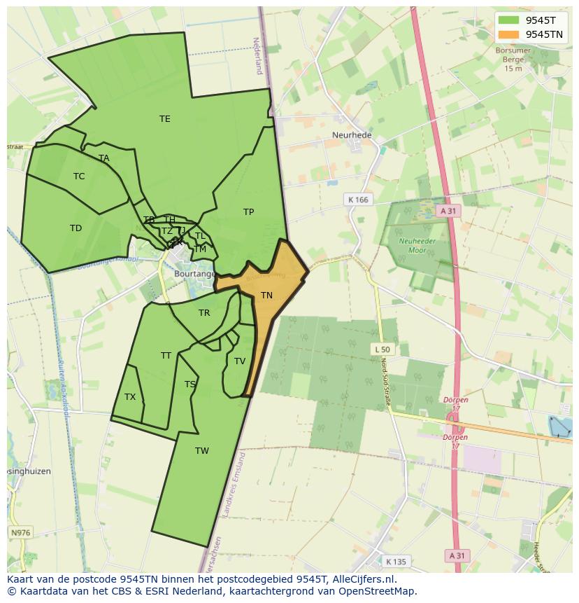 Afbeelding van het postcodegebied 9545 TN op de kaart.