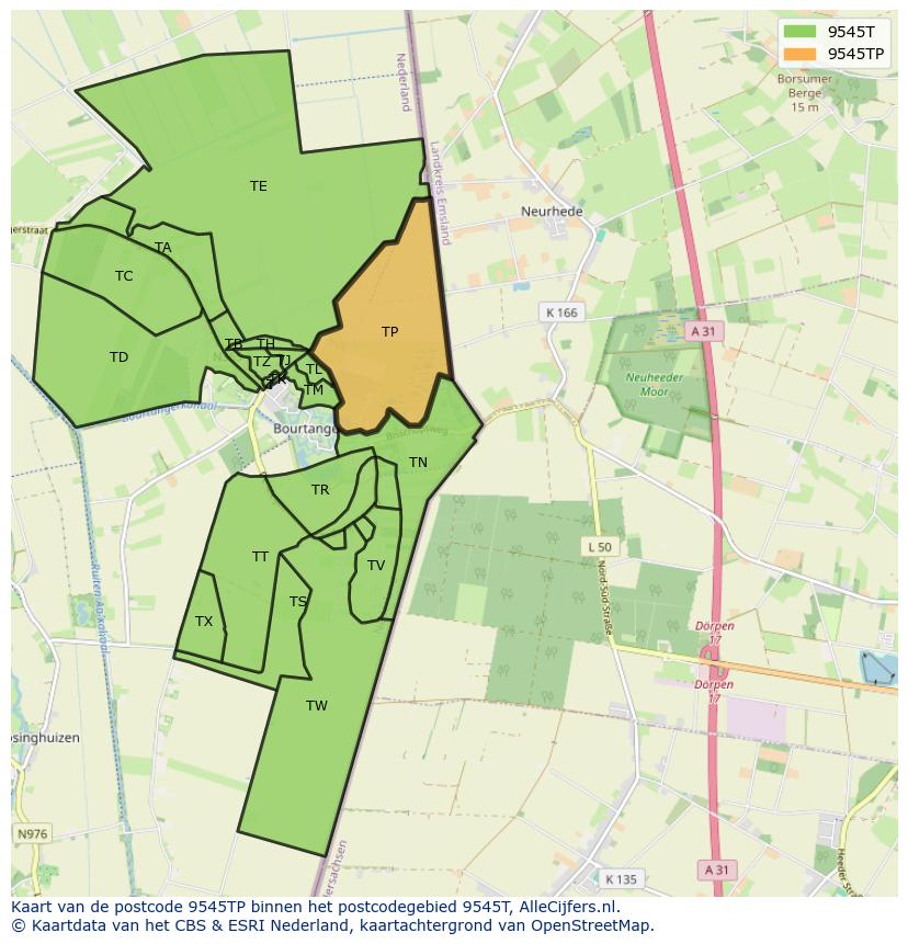 Afbeelding van het postcodegebied 9545 TP op de kaart.