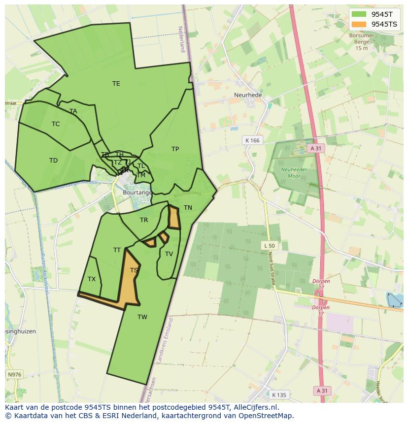 Afbeelding van het postcodegebied 9545 TS op de kaart.