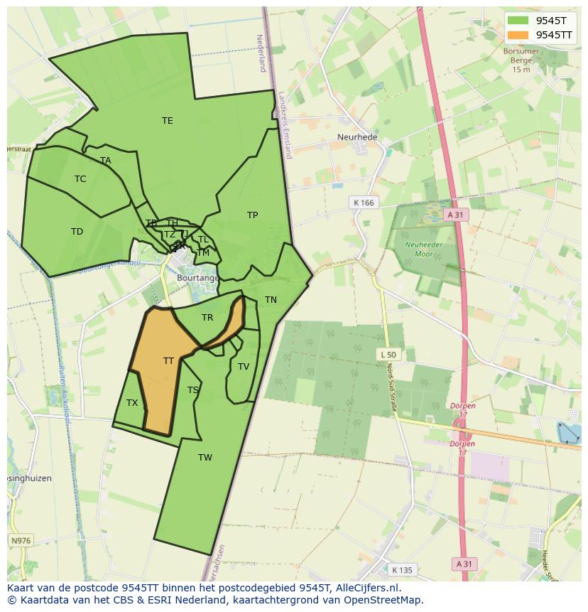 Afbeelding van het postcodegebied 9545 TT op de kaart.