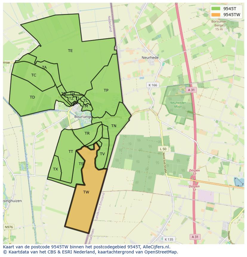 Afbeelding van het postcodegebied 9545 TW op de kaart.