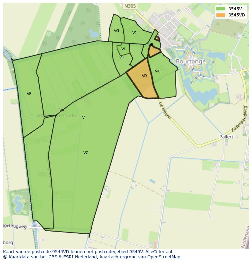 Afbeelding van het postcodegebied 9545 VD op de kaart.
