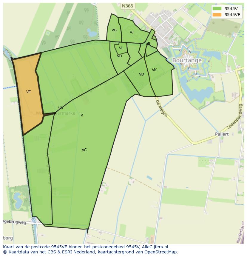 Afbeelding van het postcodegebied 9545 VE op de kaart.