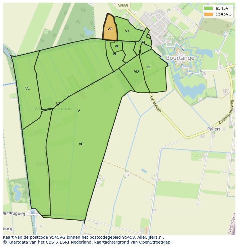 Afbeelding van het postcodegebied 9545 VG op de kaart.