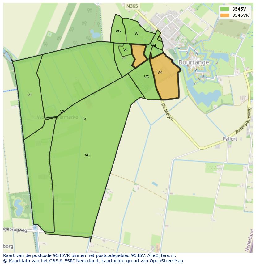 Afbeelding van het postcodegebied 9545 VK op de kaart.