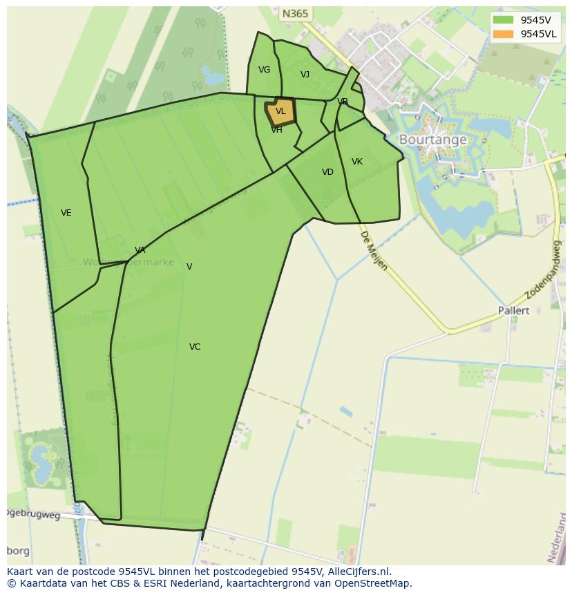 Afbeelding van het postcodegebied 9545 VL op de kaart.