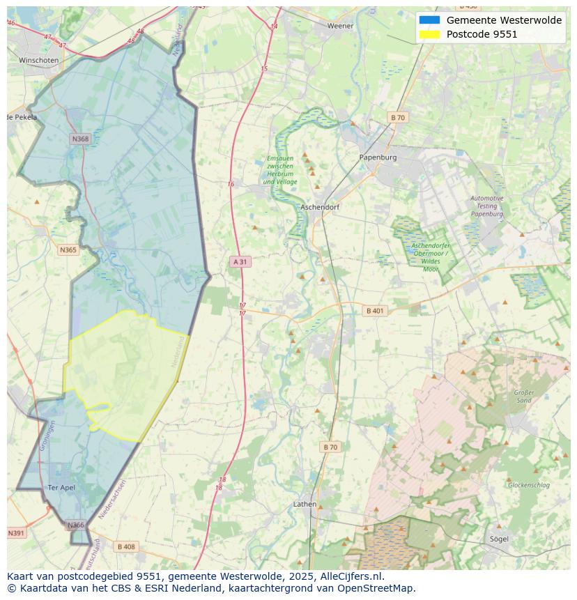 Afbeelding van het postcodegebied 9551 op de kaart.
