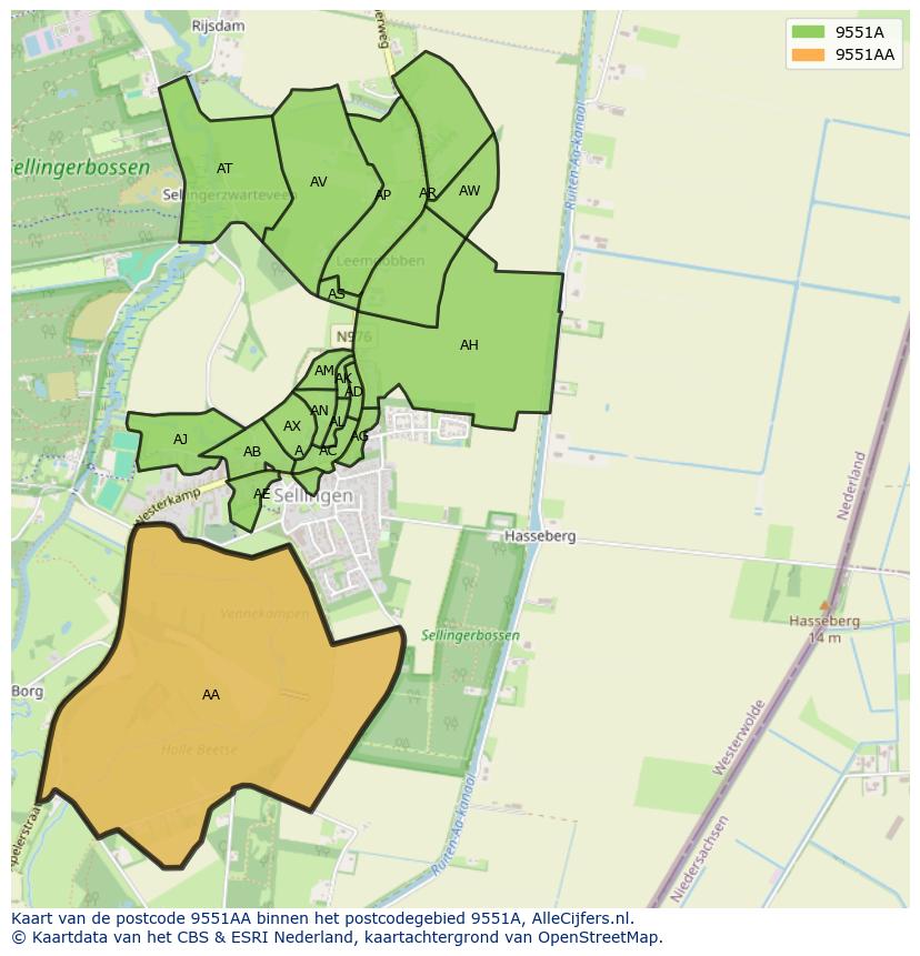 Afbeelding van het postcodegebied 9551 AA op de kaart.