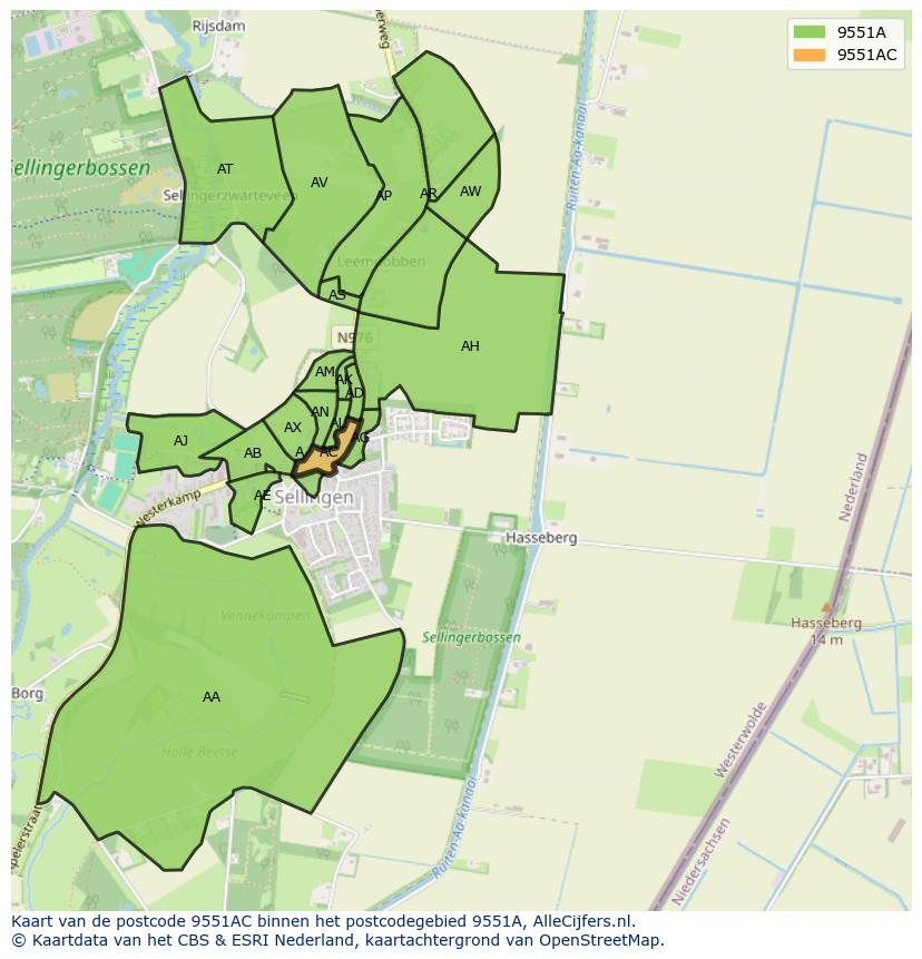 Afbeelding van het postcodegebied 9551 AC op de kaart.