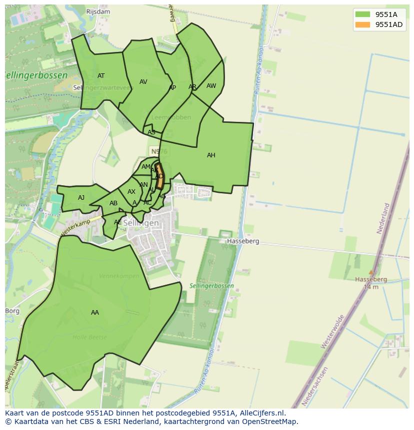 Afbeelding van het postcodegebied 9551 AD op de kaart.