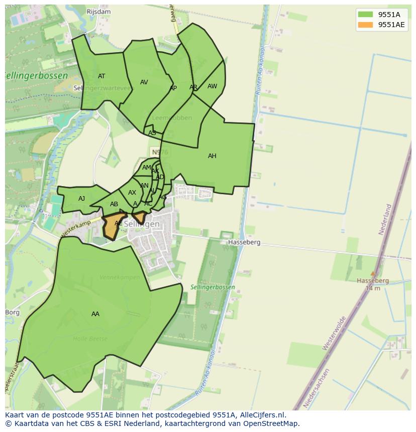 Afbeelding van het postcodegebied 9551 AE op de kaart.