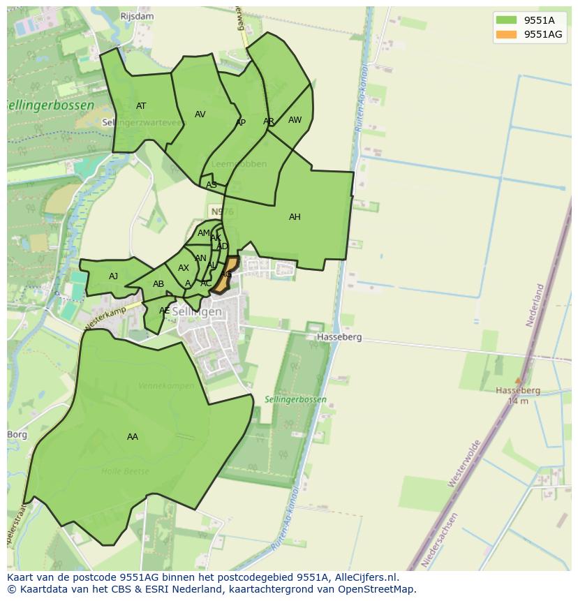 Afbeelding van het postcodegebied 9551 AG op de kaart.