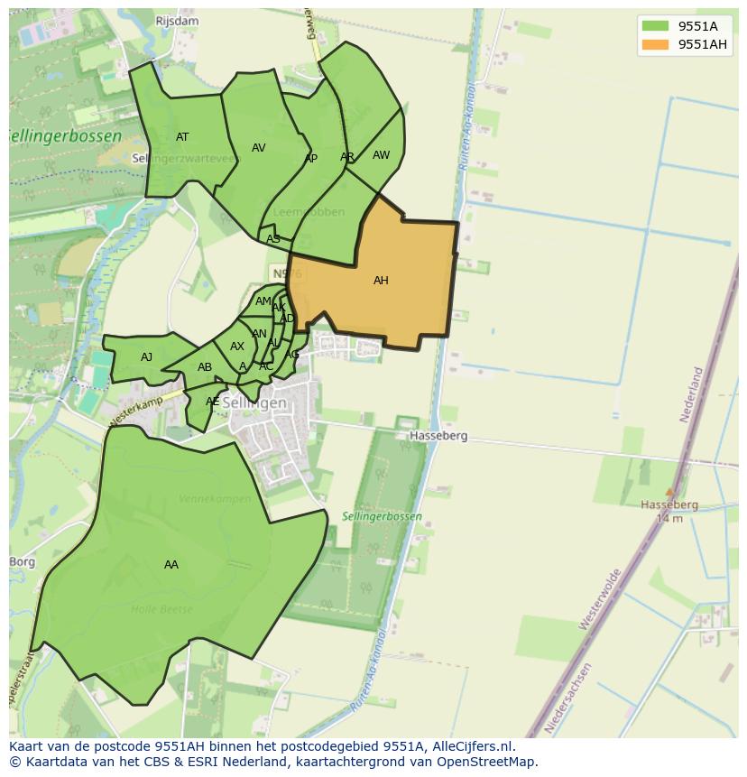 Afbeelding van het postcodegebied 9551 AH op de kaart.