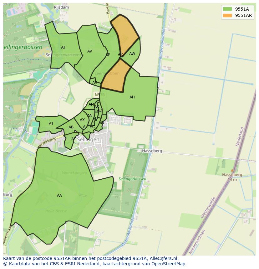 Afbeelding van het postcodegebied 9551 AR op de kaart.