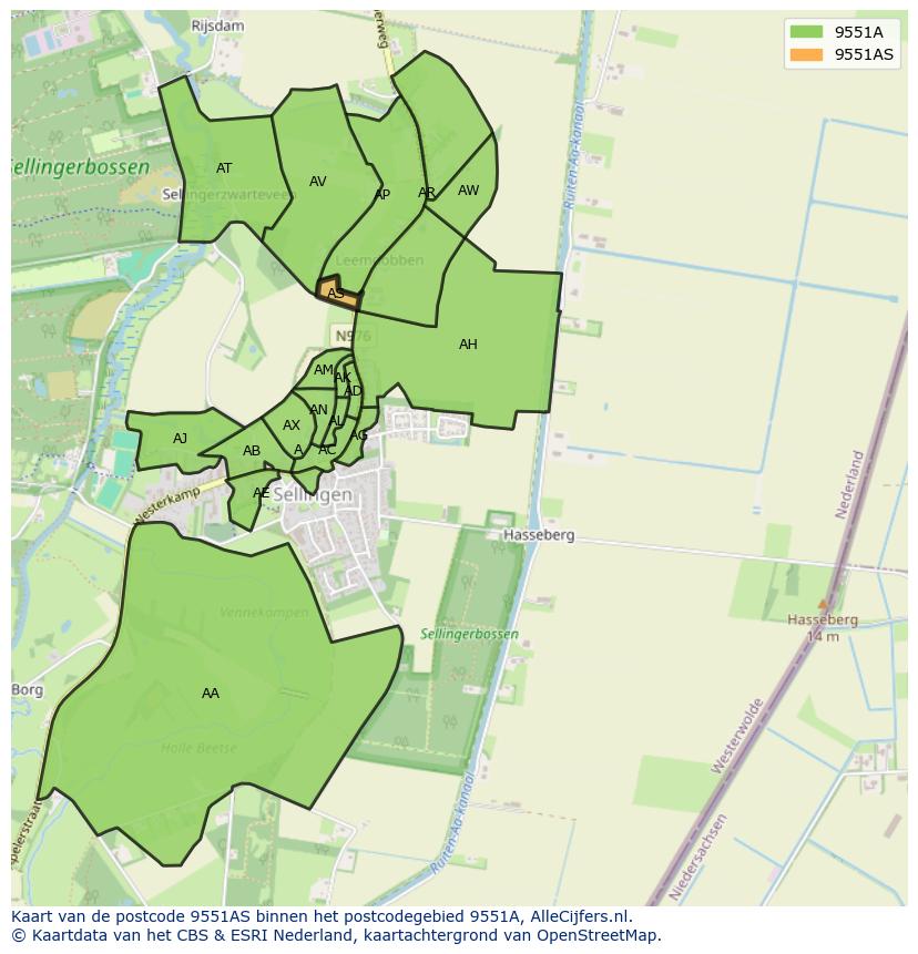 Afbeelding van het postcodegebied 9551 AS op de kaart.