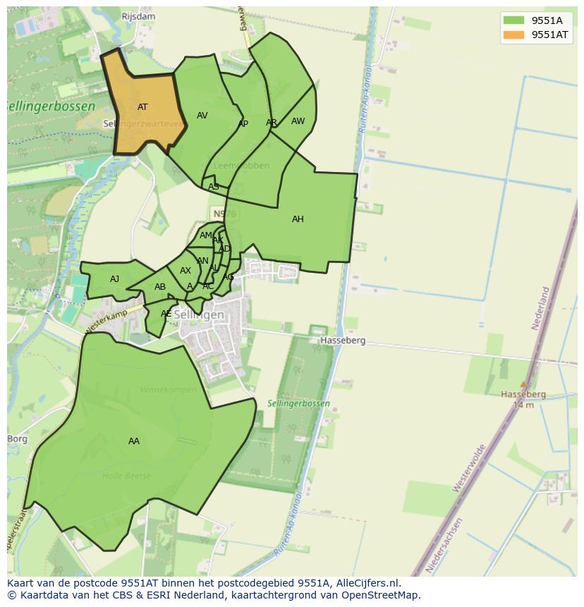 Afbeelding van het postcodegebied 9551 AT op de kaart.