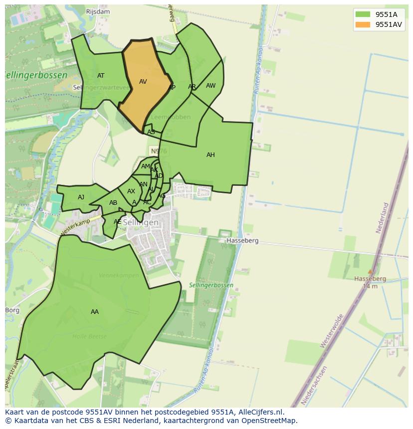 Afbeelding van het postcodegebied 9551 AV op de kaart.