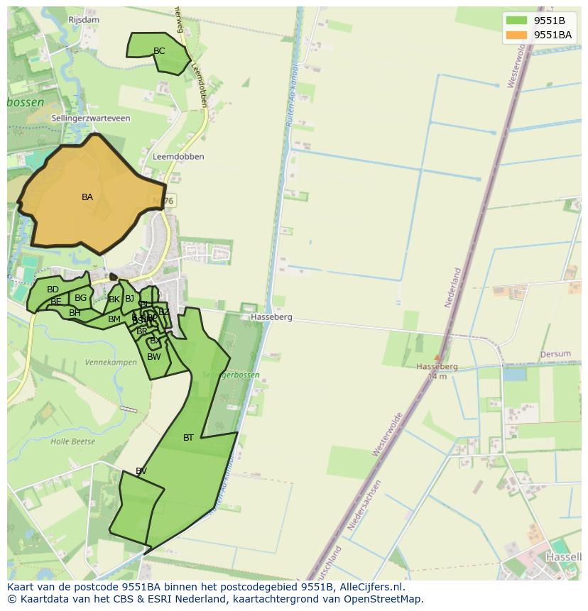 Afbeelding van het postcodegebied 9551 BA op de kaart.