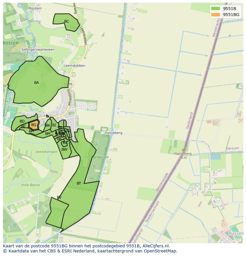 Afbeelding van het postcodegebied 9551 BG op de kaart.