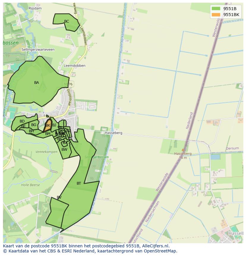 Afbeelding van het postcodegebied 9551 BK op de kaart.