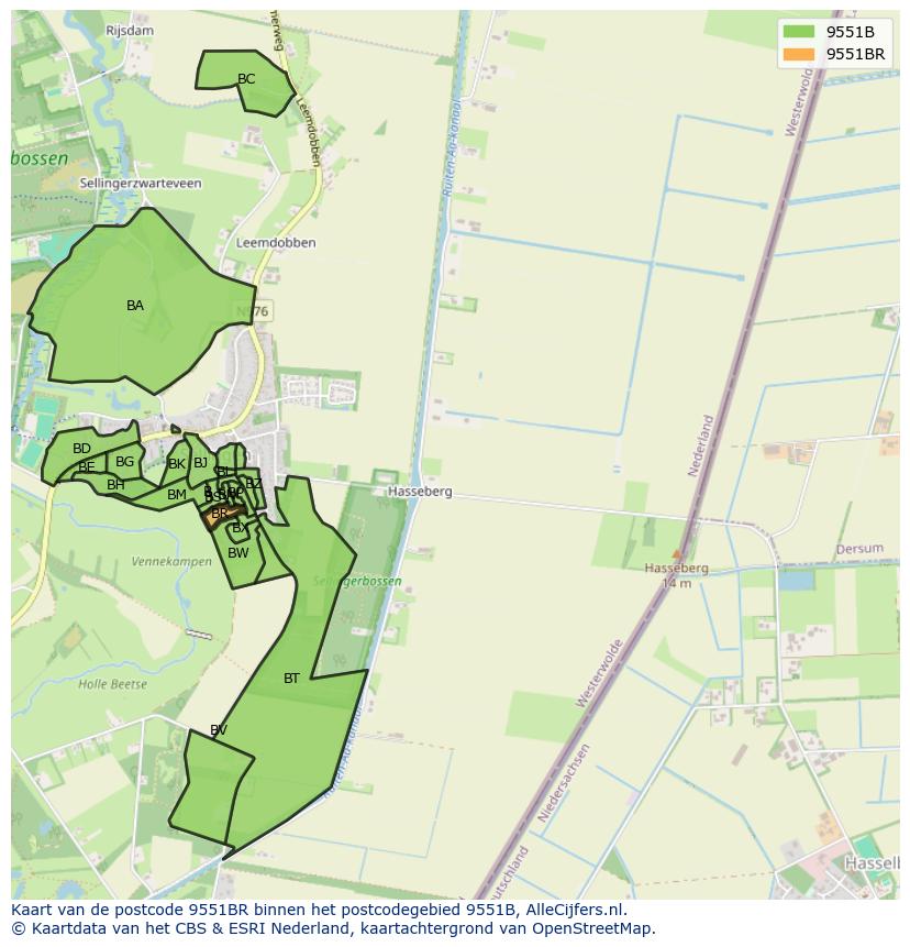 Afbeelding van het postcodegebied 9551 BR op de kaart.