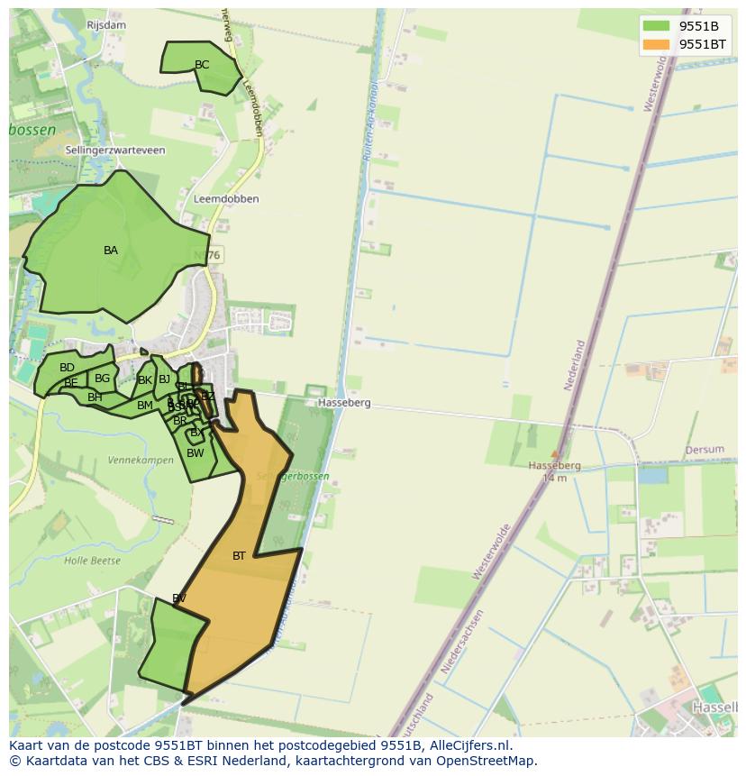 Afbeelding van het postcodegebied 9551 BT op de kaart.