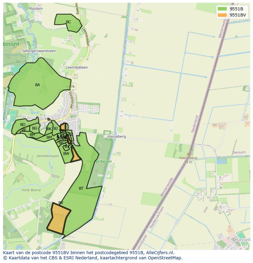 Afbeelding van het postcodegebied 9551 BV op de kaart.