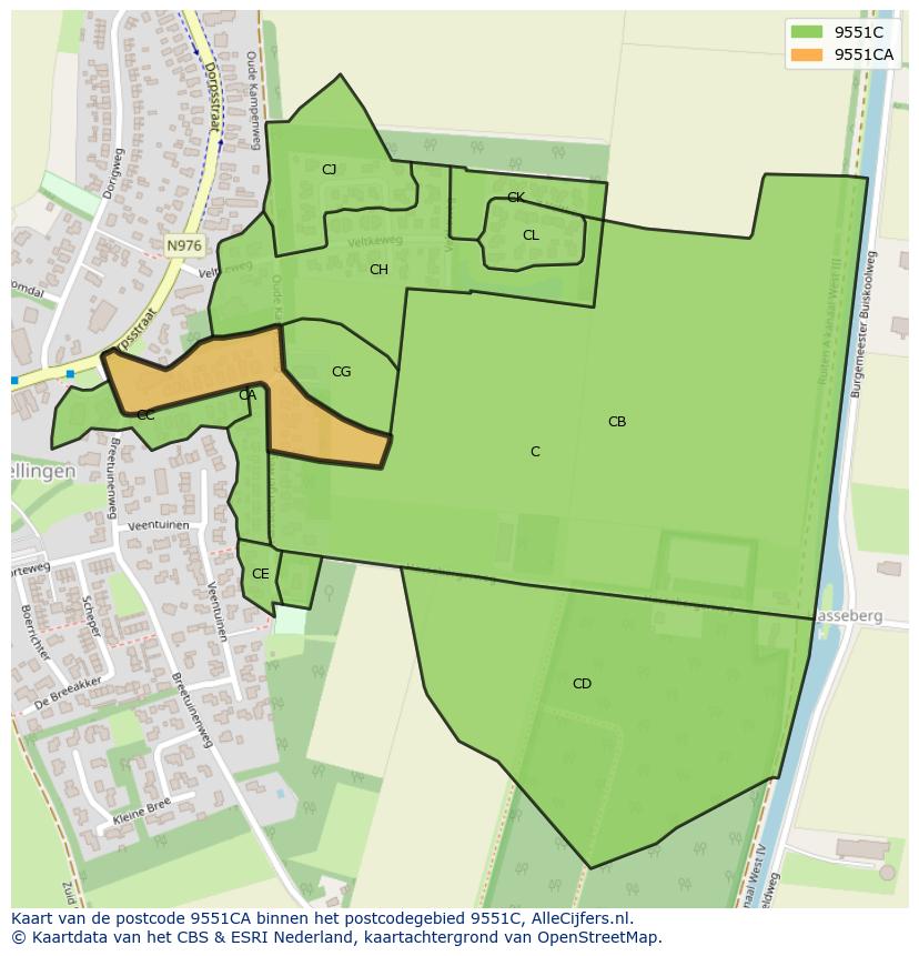 Afbeelding van het postcodegebied 9551 CA op de kaart.