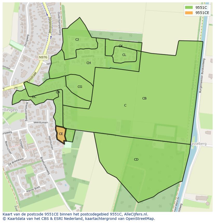 Afbeelding van het postcodegebied 9551 CE op de kaart.