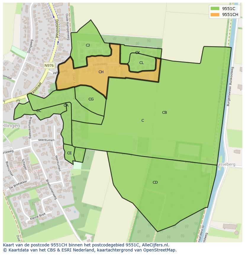 Afbeelding van het postcodegebied 9551 CH op de kaart.