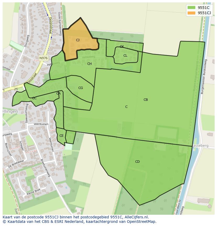 Afbeelding van het postcodegebied 9551 CJ op de kaart.
