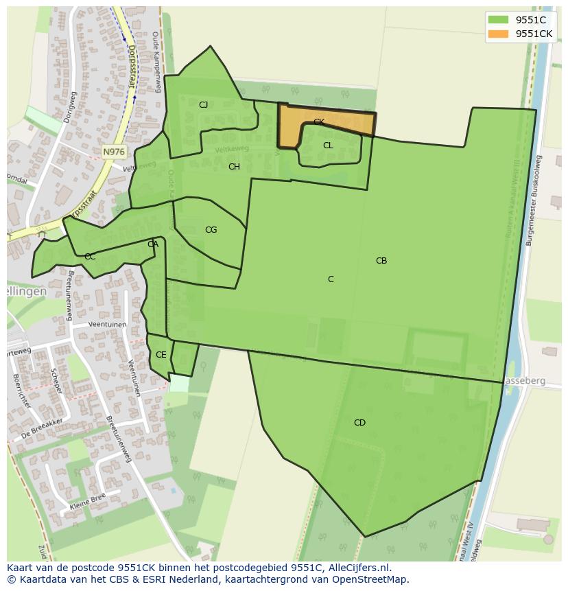 Afbeelding van het postcodegebied 9551 CK op de kaart.
