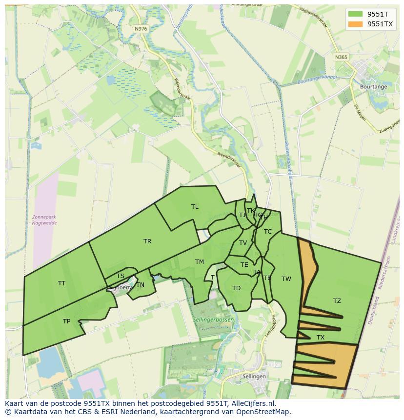 Afbeelding van het postcodegebied 9551 TX op de kaart.