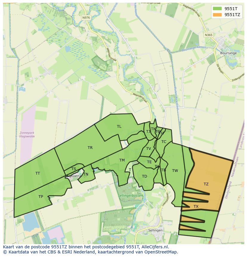 Afbeelding van het postcodegebied 9551 TZ op de kaart.