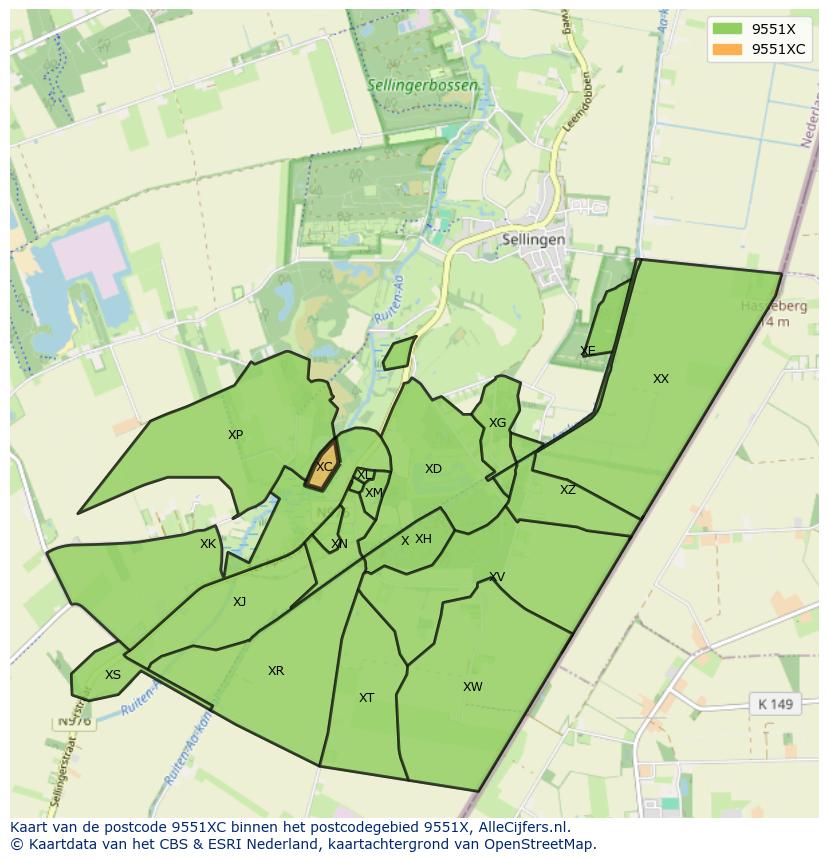 Afbeelding van het postcodegebied 9551 XC op de kaart.
