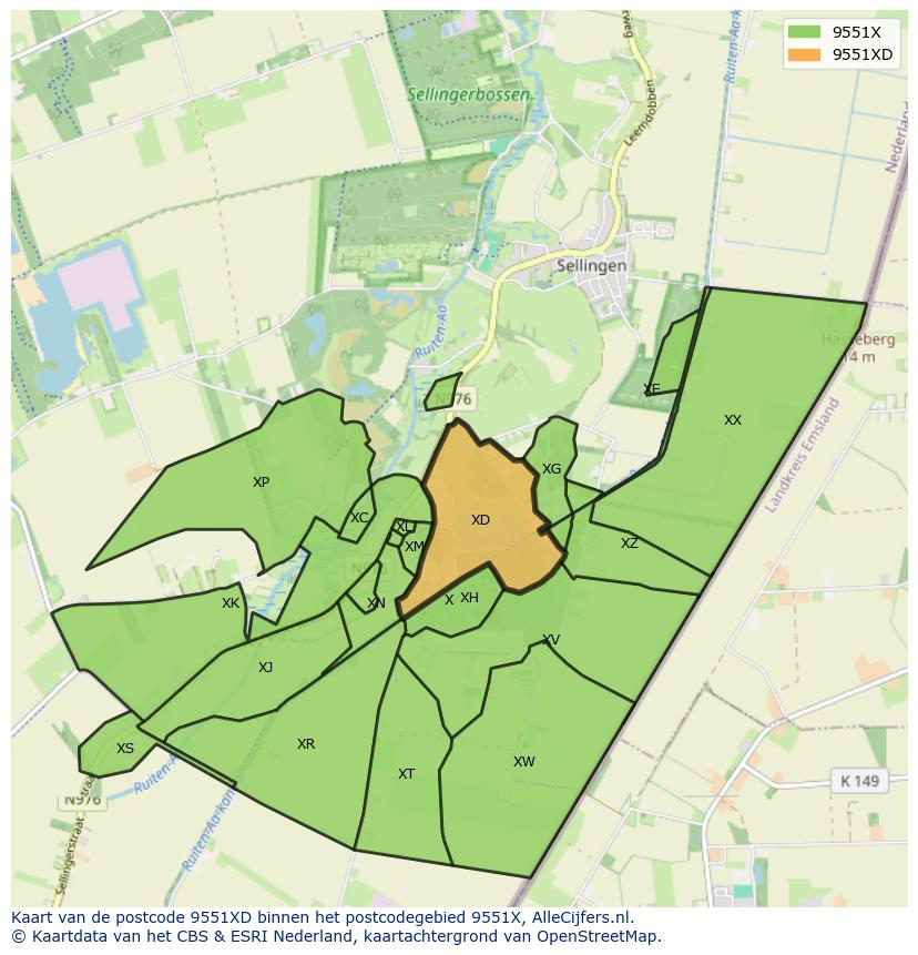 Afbeelding van het postcodegebied 9551 XD op de kaart.