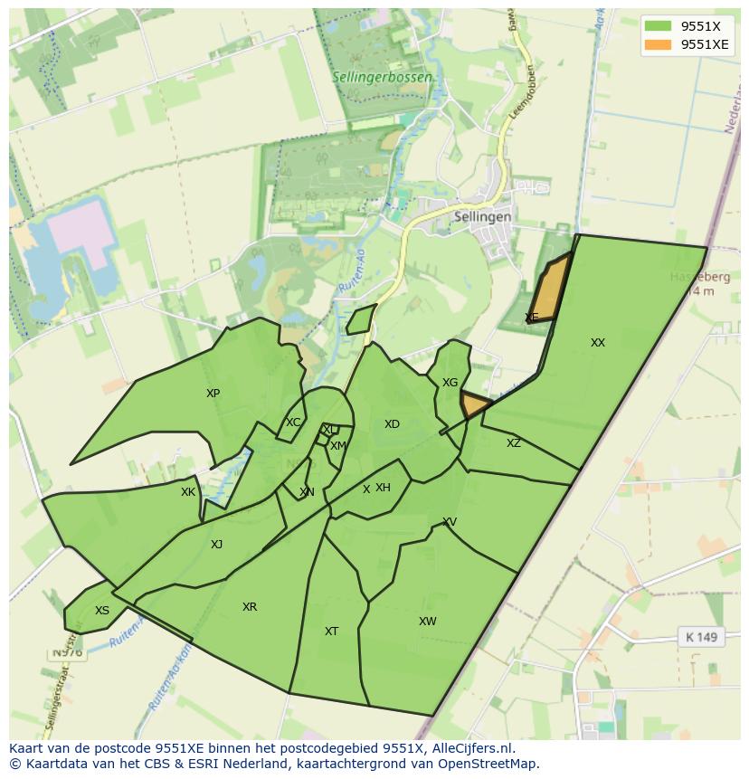 Afbeelding van het postcodegebied 9551 XE op de kaart.