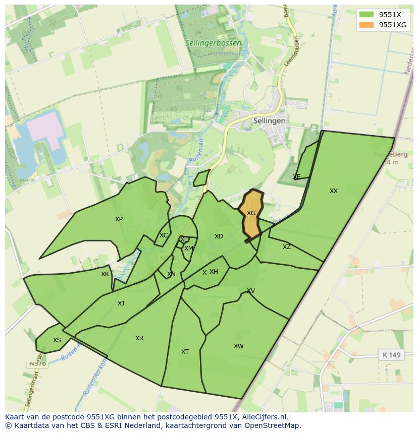 Afbeelding van het postcodegebied 9551 XG op de kaart.